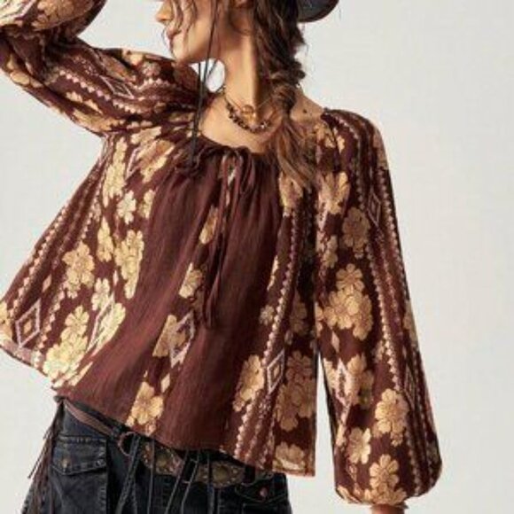 Multicolor Boho Women's Brown Relaxed Fit Pattern Patchwork Shirt - Picture 4 of 7